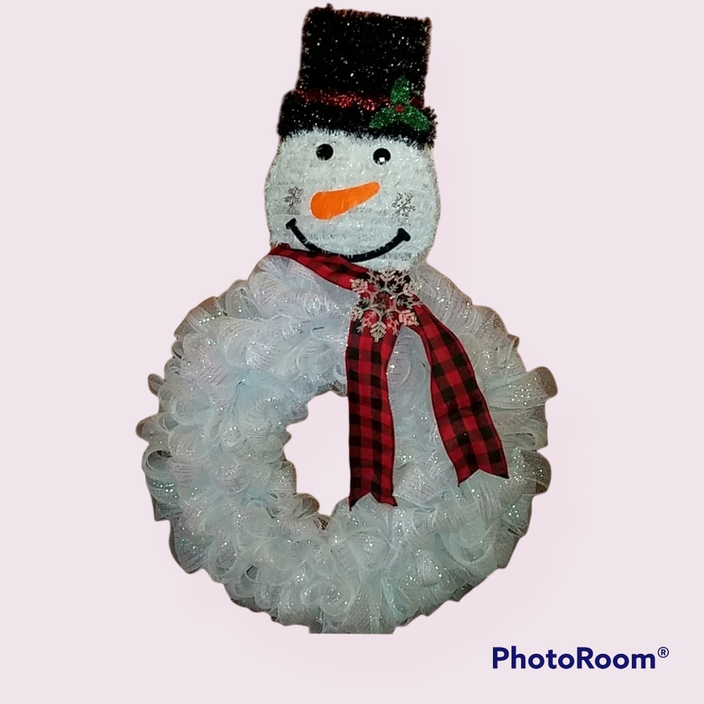 DECO MESH SNOWMAN CHRISTMAS WREATH WINTER